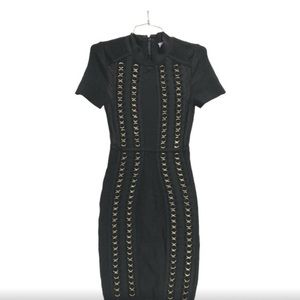 Herve Leger Black Stretch Dress with Front Metal Gold Rings